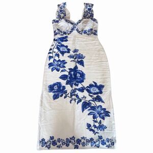 New Farm Rio 100% Linen Floral Cascade Midi Dress Smocked Blue White Size Small
